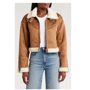 THREAD & SUPPLY Womens X-Large Camel Faux Shearling Sherpa Crop Jacket NWT